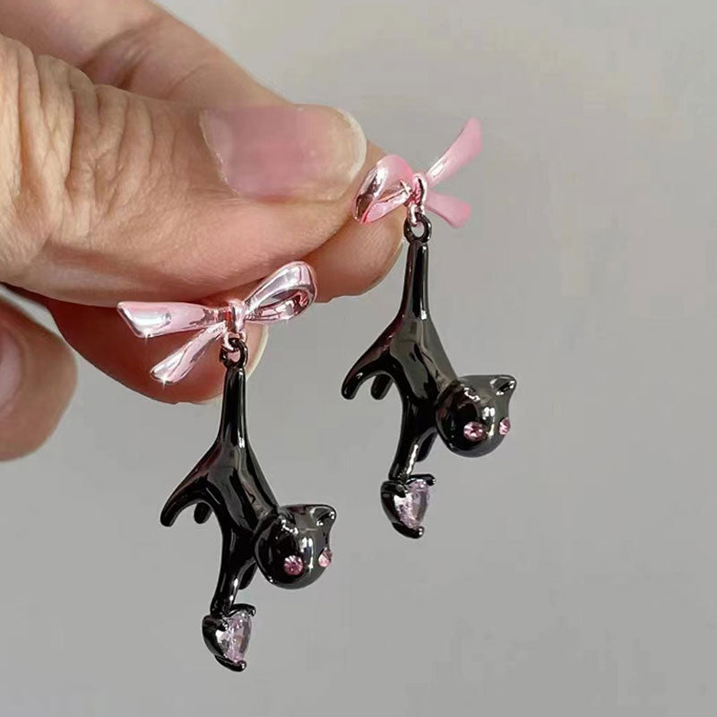 Pink Bow Black Cat Rhinestone Drop Earrings