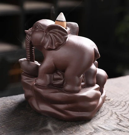 Elephant Backflow Incense Waterfall  Burner Mother and Child Ceramic