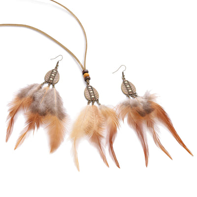 Native Long Feather Drop Earrings Necklace Set