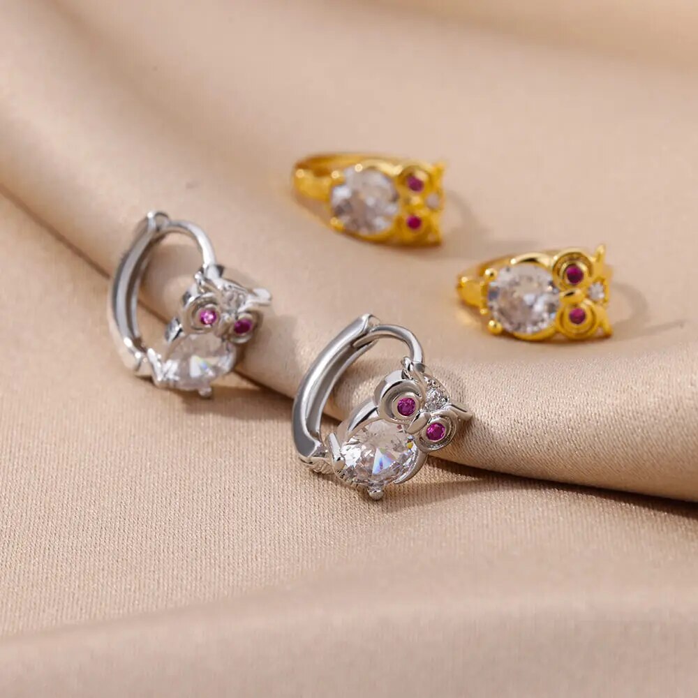 Owl & Elephant Crystal Hoop Earrings Zircon Stone