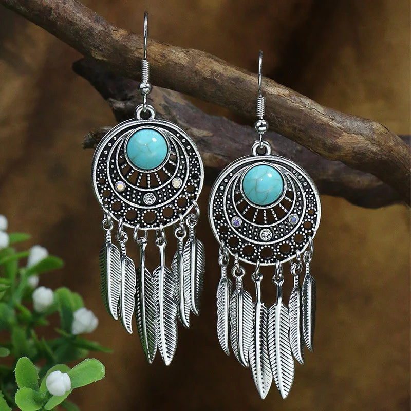 Native Turquoise Hollow Fan Shape Dangle Earrings