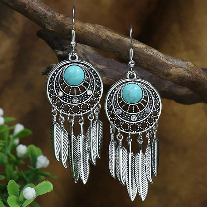 Native Turquoise Hollow Fan Shape Dangle Earrings