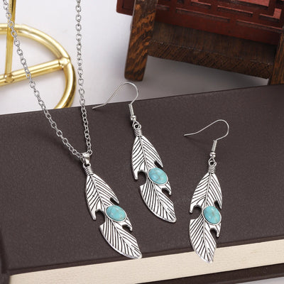 Native Silver Color Blue Turquoise Feather Pendant Necklace Set