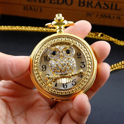 Owl White Dial Golden Quartz Pocket Watch