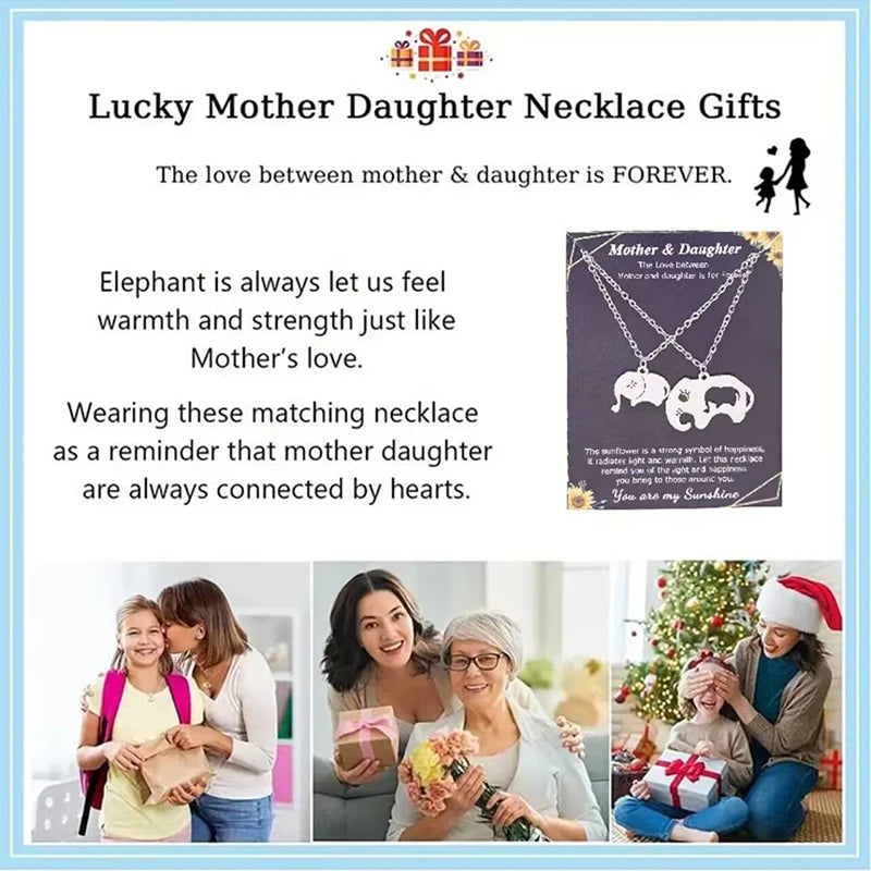 Elephant Mother Daughter Pendant Necklace Stainless Steel 2 Items/Set