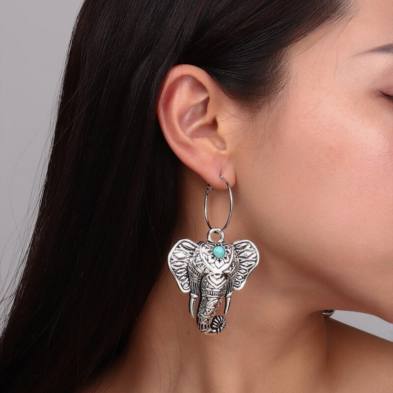 Vintage Bohemia Big Elephant Dangle Earrings