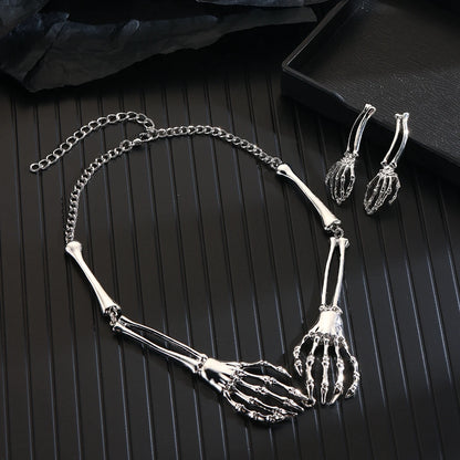 Skull Gothic Metal Retro Hand Neck Chain Necklace And Earring Set