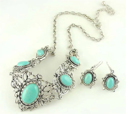 Native Turquoise Silver Pendant Necklace Earrings Set