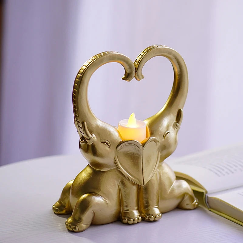 Elephant Couple Statue Resin Candlestick Ornaments