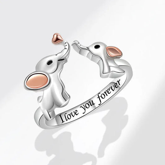 Elephant Mother Child Ring Silver Color