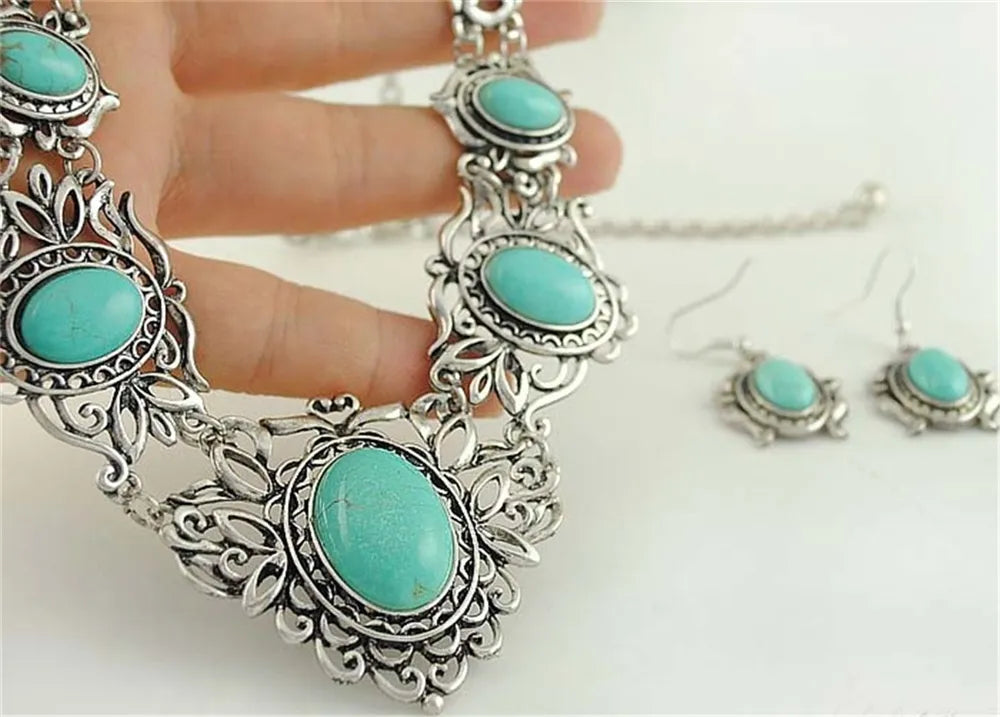 Native Turquoise Silver Pendant Necklace Earrings Set