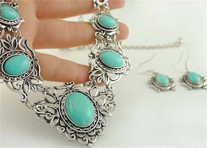 Native Turquoise Silver Pendant Necklace Earrings Set