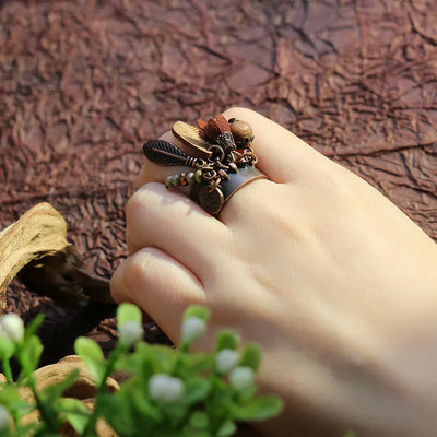 Native Feather Tassel Rings Antique Wooden Beads