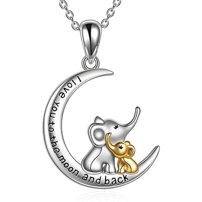 Elephant Mother and Child Necklace Moon