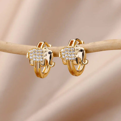 Owl & Elephant Crystal Hoop Earrings Zircon Stone