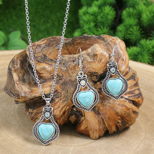 Native Heart Shape Turquoises Pendant Earring Necklace Set