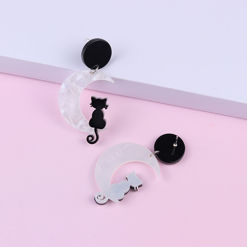 Moon Black Cat Earrings Acrylic