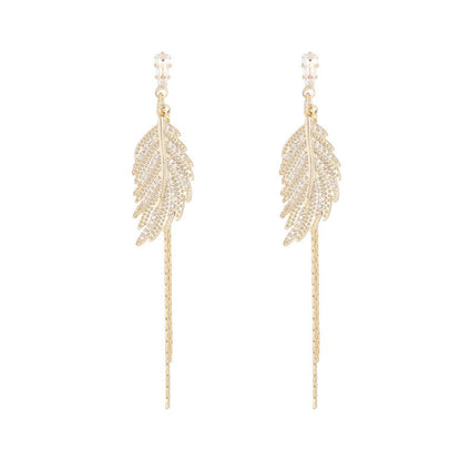 Native Rhinestone Leaf Feather Shaped Metal Tassel Earrings