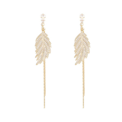 Native Rhinestone Leaf Feather Shaped Metal Tassel Earrings