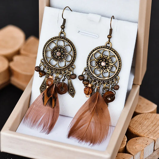 Native Brown Feather Tassel Earrings