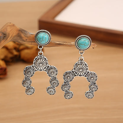 Native Blossom Stamped Metal Earrings Silver Tone Turquoise