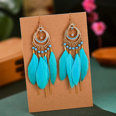 Native Blue Feather Tassel Drop Dangle Earrings