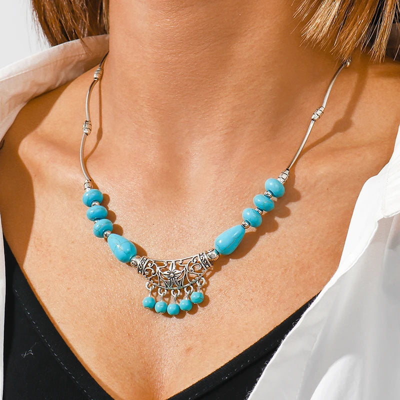 Native Turquoise Necklace Antique Silver Color