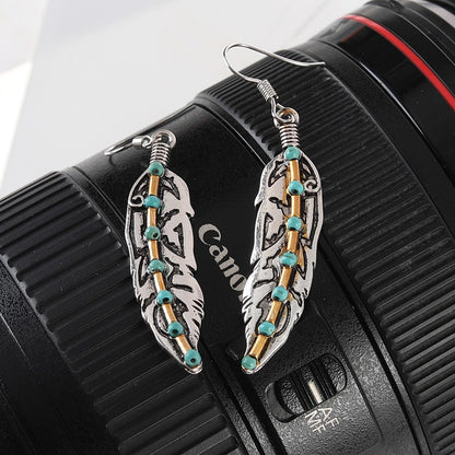 Native Vintage Metal Leaf Feather Long Dangle Earrings Silver Color Hook