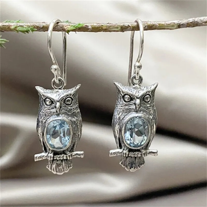 Owl Silver Metal Sea Blue Stone Earrings