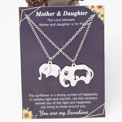 Elephant Mother Daughter Pendant Necklace Stainless Steel 2 Items/Set