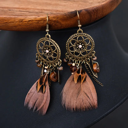 Native Brown Feather Tassel Earrings