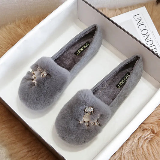 Owl Stone Rabbit Fur Shoes Flats