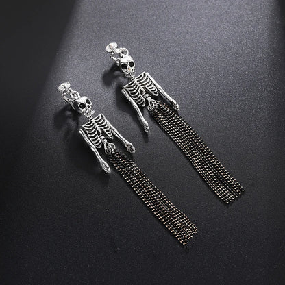 Skull Dangle Clip Earrings Long Exaggerated