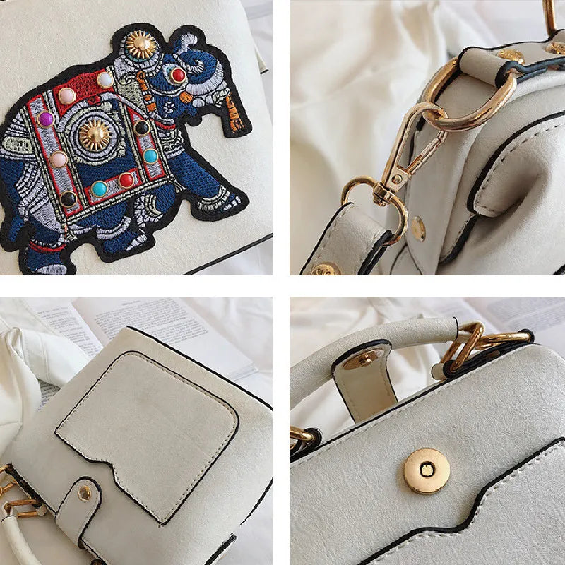 Elephant Embroidered Bags Crossbody Leather Handbag