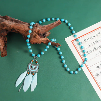 Native Turquoise Beaded Feather Tassel Necklace Silver Plated