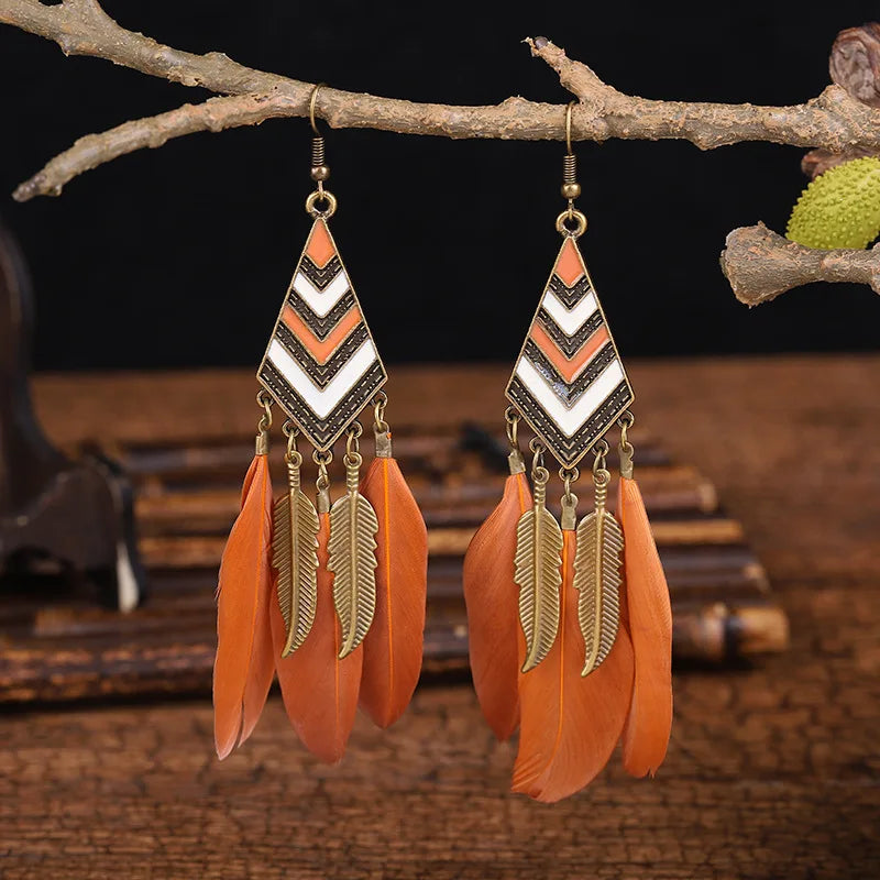 Native Long Feather Leaf Tassel Earring