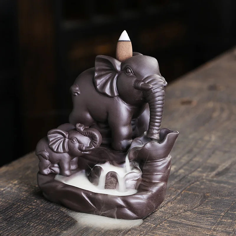 Elephant Backflow Incense Waterfall  Burner Mother and Child Ceramic