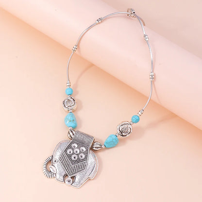 Elephant Pendant Necklace Turquoise Silver Color