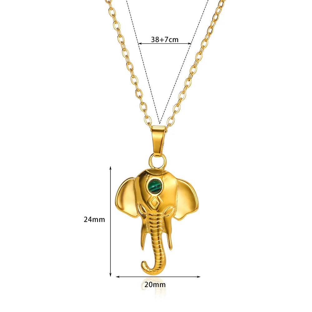 Elephant Pendant Necklaces Natural Stone Gold Color Stainless Steel