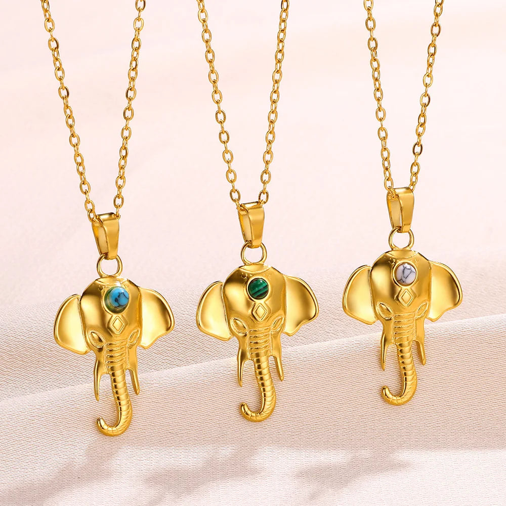 Elephant Pendant Necklaces Natural Stone Gold Color Stainless Steel