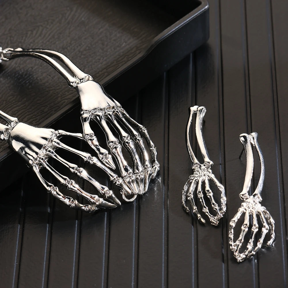 Skull Gothic Metal Retro Hand Neck Chain Necklace And Earring Set