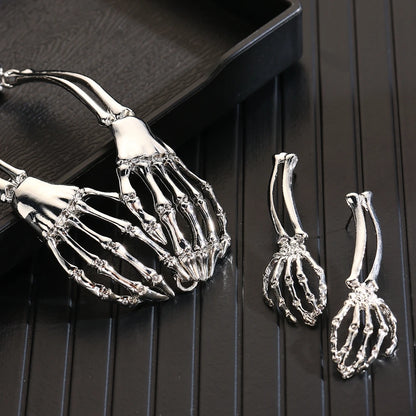 Skull Gothic Metal Retro Hand Neck Chain Necklace And Earring Set