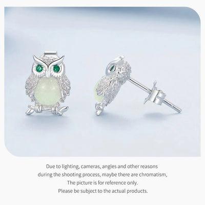 Owl Stud Earrings Sterling Silver Luminous Stone