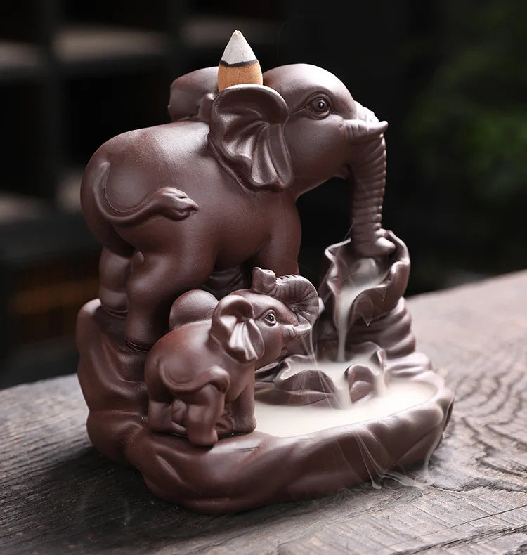 Elephant Backflow Incense Waterfall  Burner Mother and Child Ceramic