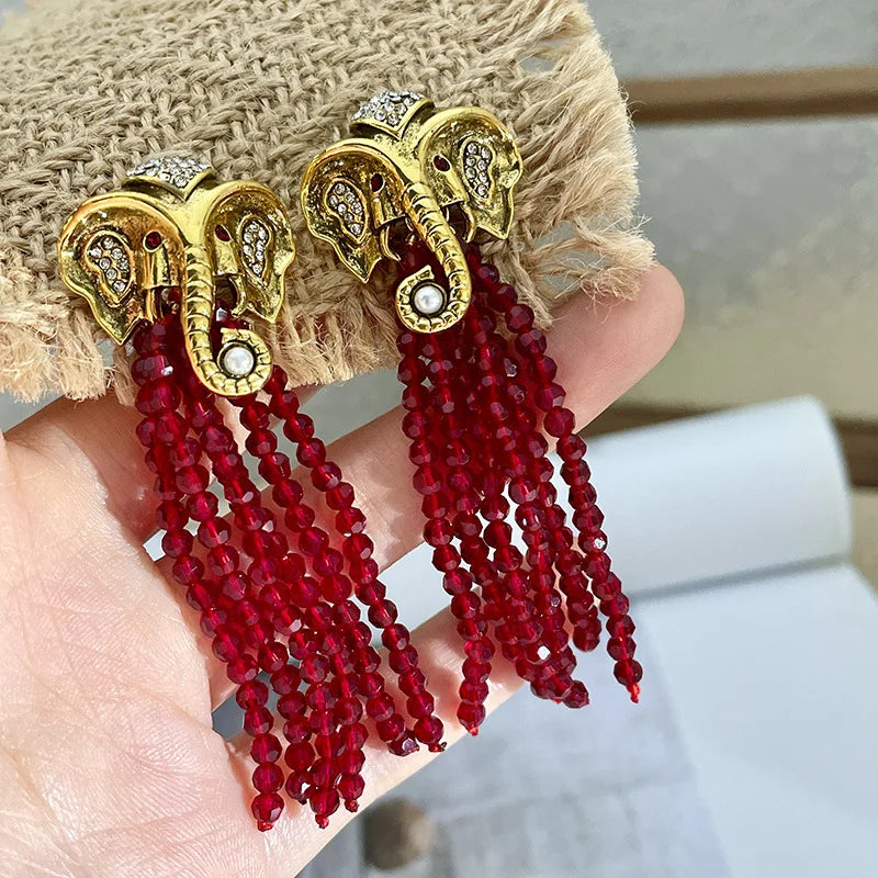 Elephant Earrings Red Crystal Beads Tassels Earrings Vintage Golden