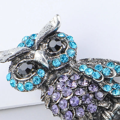 Owl Brooch Rhinestone Blue