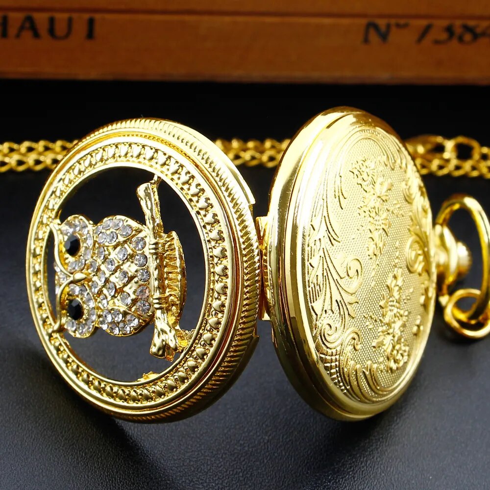 Owl White Dial Golden Quartz Pocket Watch