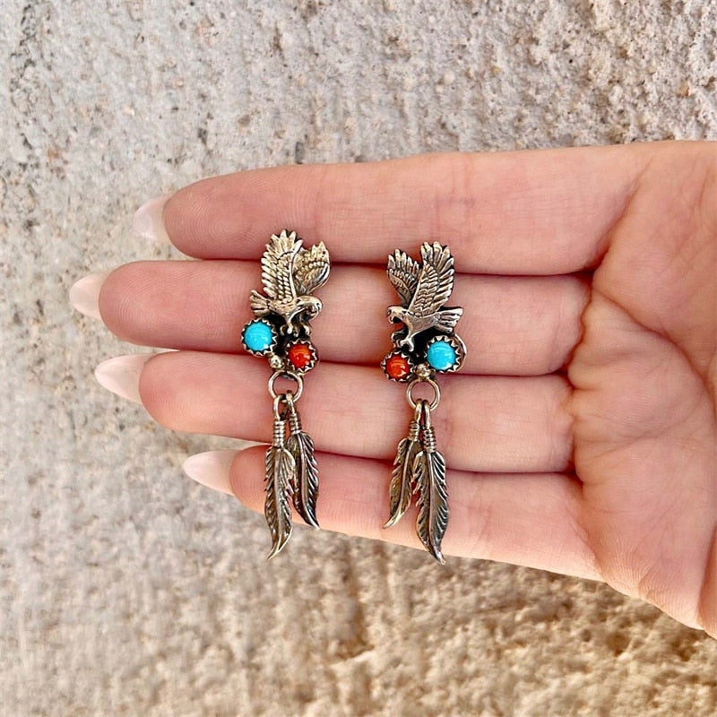 Native Eagle Feather Stud Earrings Charm Inlaid Red Blue Stone