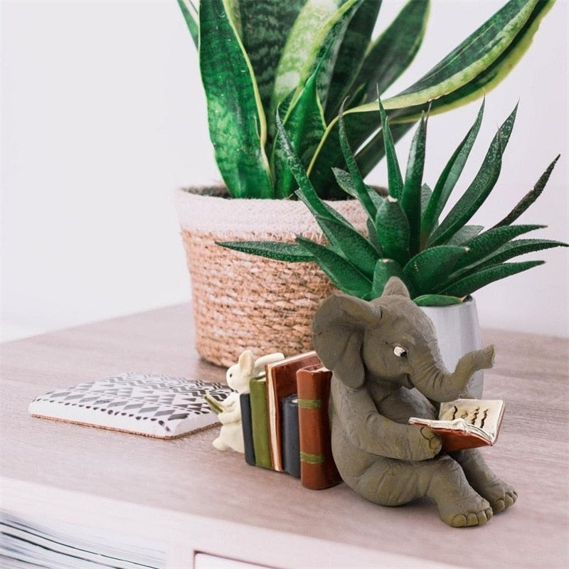 Elephant and Rabbit Reading Statue Bookend Resin