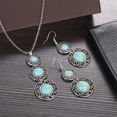 Native Turquoise Round Necklace Set Silver Color